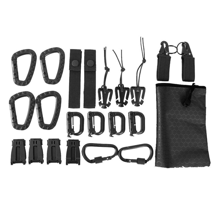 22 Pcs Tactical Gear  Tool Set Clip Molle D-Ring Elastic Strings Webbing Key Ring Strap Clip Carabiner Grimlock Molle Tool Kit - Gauxvestandbeyond by Maddy