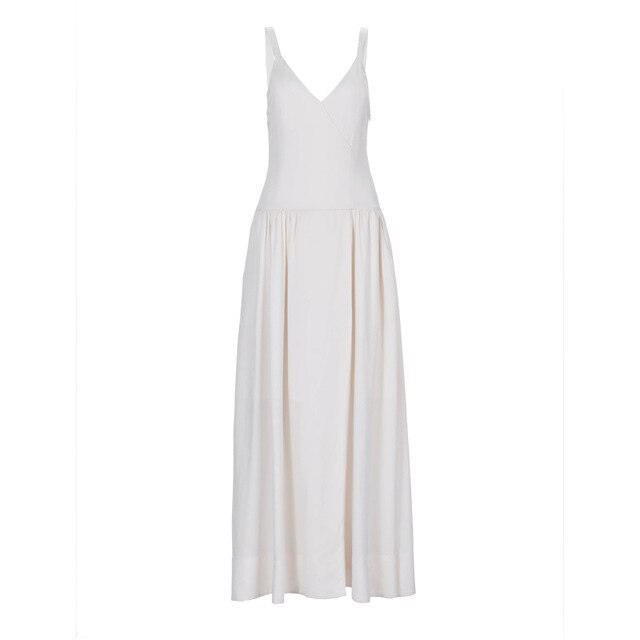 [EAM] Women White Vent Split Long Spaghetti Strap Dress New V-neck Sleeveless Loose Fit Fashion Tide Spring Summer 2020 1U714