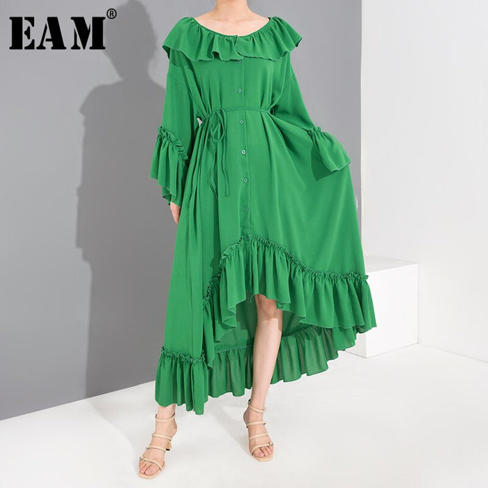 [EAM] Women Green Ruffles Irregular Big Size Shirt Dress New Round Neck Long Sleeve Loose Fit Fashion Spring Summer 2020 1S52206