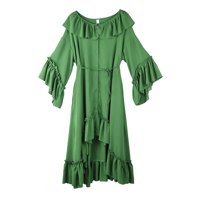 [EAM] Women Green Ruffles Irregular Big Size Shirt Dress New Round Neck Long Sleeve Loose Fit Fashion Spring Summer 2020 1S52206