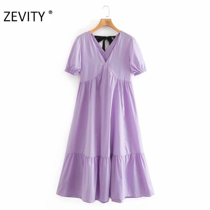 ZEVITY New women fashion v neck back bow tied straight midi dress ladies short sleeve pleats vestido chic party dresses DS4407