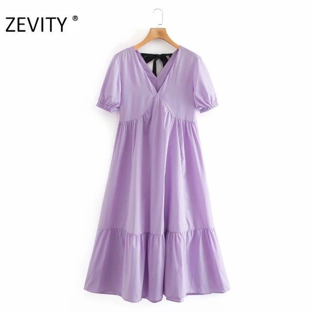 ZEVITY New women fashion v neck back bow tied straight midi dress ladies short sleeve pleats vestido chic party dresses DS4407