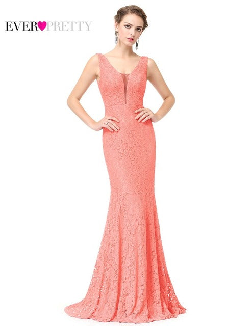 Lace Mermaid Prom Dresses Long 2017 Ever Pretty EP08838 Fashion Small Train Sexy Trumpet V-Neck Elegant Prom Dresses - Gauxvestandbeyond by Maddy