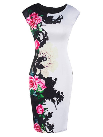 Short Sleeve Floral Imprint Women's Bodycon Dress - Gauxvestandbeyond by Maddy